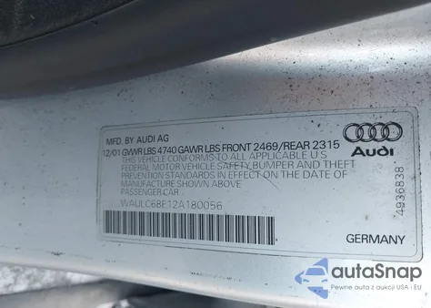 2002 Audi A4 1.8T from USA, damaged, VIN WAULC68E12A180056